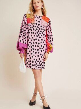 Bl-nk Miranda Tunic Dress Women’s XS Pink Combo Bl^nk London Boho Puff Sleeves